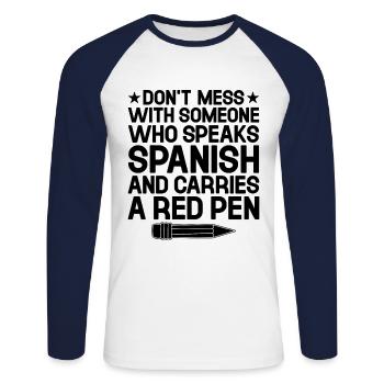 Professeur de langues étrangères École Professeurs de langues - T-shirt baseball manches longues Homme - blanc/marine - Devant - Nik (191cm)