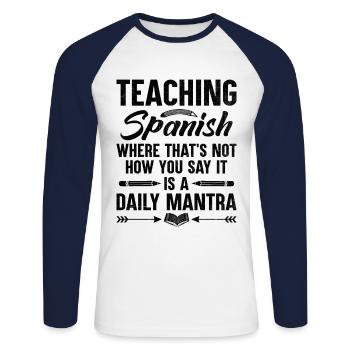Professeur de langues étrangères École Professeurs de langues - T-shirt baseball manches longues Homme - blanc/marine - Devant - Nik (191cm)