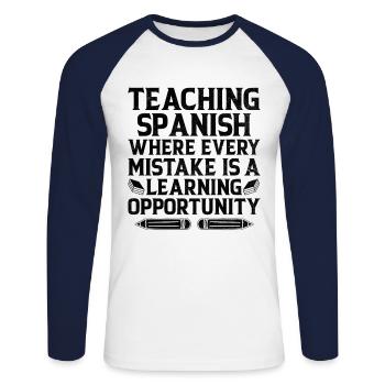 Professeur de langues étrangères École Professeurs de langues - T-shirt baseball manches longues Homme - blanc/marine - Devant - Nik (191cm)
