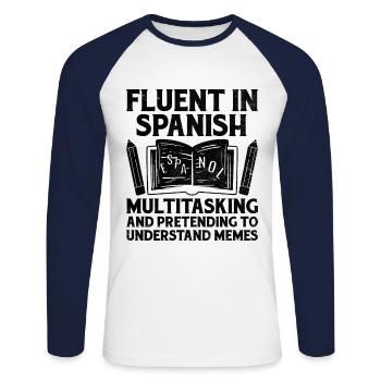 Professeur de langues étrangères École Professeurs de langues - T-shirt baseball manches longues Homme - blanc/marine - Devant - Nik (191cm)
