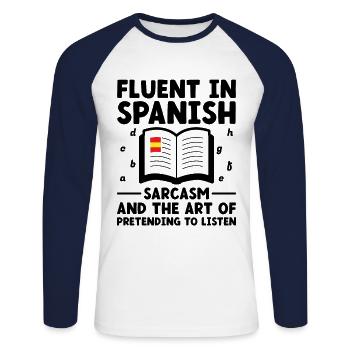 Professeur de langues étrangères École Professeurs de langues - T-shirt baseball manches longues Homme - blanc/marine - Devant - Nik (191cm)