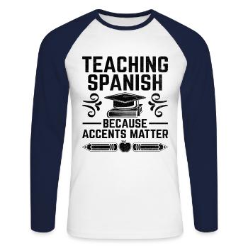 Professeur de langues étrangères École Professeurs de langues - T-shirt baseball manches longues Homme - blanc/marine - Devant - Nik (191cm)