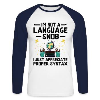 Professeur de langues étrangères École Professeurs de langues - T-shirt baseball manches longues Homme - blanc/marine - Devant - Nik (191cm)