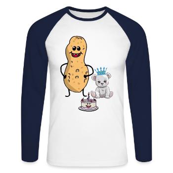 Cacahuète Ours en peluche Gâteau d’anniversaire Féliciter l’enfant - T-shirt baseball manches longues Homme - blanc/marine - Devant - Nik (191cm)