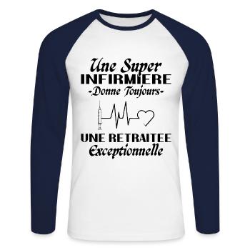 Humour infirmière retraitée, Cadeau retraite - T-shirt baseball manches longues Homme - blanc/marine - Devant - Nik (191cm)