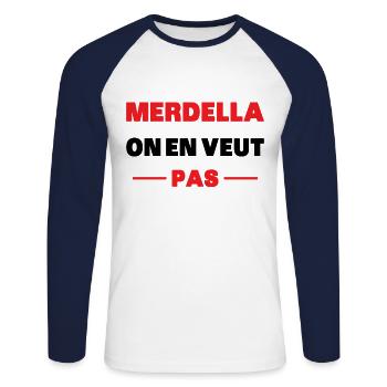 we don't want it - Unisex Long Sleeve Baseball T-Shirt - white/navy - Front - Nik (191cm)