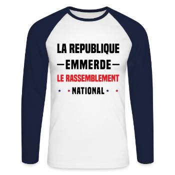 The Republic fucks the National Rally - Unisex Long Sleeve Baseball T-Shirt - white/navy - Front - Nik (191cm)