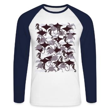 Ocean Camouflage – Meeresleben im Tarnstil - Unisex Baseballshirt langarm - Weiß/Navy - Vorne - Nik (191cm)