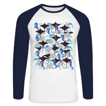 Ocean Camouflage – Meeresleben im Tarnstil - Unisex Baseballshirt langarm - Weiß/Navy - Vorne - Nik (191cm)
