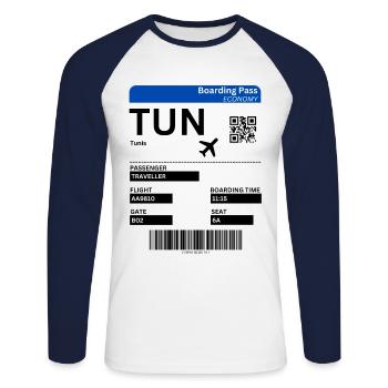 Carte d’embarquement Tunis Idée de vacances en Tunisie - T-shirt baseball manches longues Homme - blanc/marine - Devant - Nik (191cm)