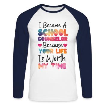 Conseillère d’école Aquarelle I - T-shirt baseball manches longues Homme - blanc/marine - Devant - Nik (191cm)