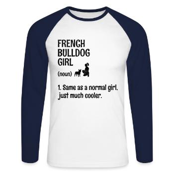 Bouledogue français fille identique à une fille normale juste Muc - T-shirt baseball manches longues Homme - blanc/marine - Devant - Nik (191cm)