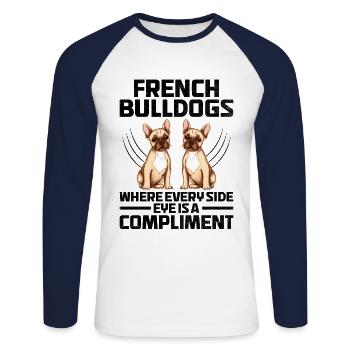 Bouledogues Français où chaque œil de côté est complice - T-shirt baseball manches longues Homme - blanc/marine - Devant - Nik (191cm)