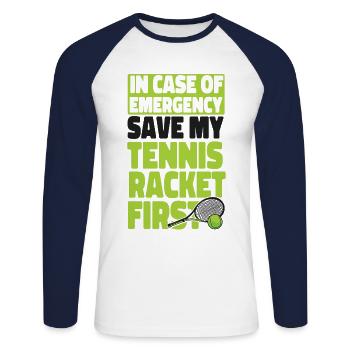 Funny Tennis Player Racket In Case - Unisex Long Sleeve Baseball T-Shirt - white/navy - Front - Nik (191cm)