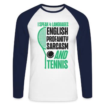 Drôle de joueur de tennis raquette je parle - T-shirt baseball manches longues Homme - blanc/marine - Devant - Nik (191cm)