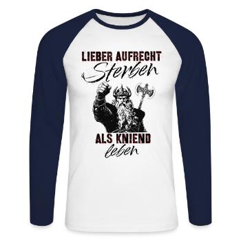 Deutschrock Spruch Vikinger Axt kniend leben - Unisex Baseballshirt langarm - Weiß/Navy - Vorne - Nik (191cm)