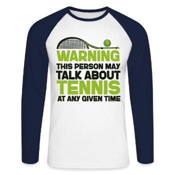 Avertissement de raquette de joueur de tennis drôle - T-shirt baseball manches longues Homme - blanc/marine - Devant - Nik (191cm)