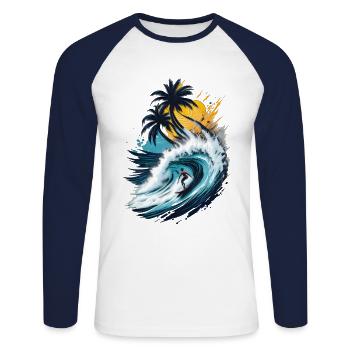Surfeurs sur une grosse vague devant les palmiers - T-shirt baseball manches longues Homme - blanc/marine - Devant - Nik (191cm)