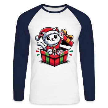 Weihnachtliche Katze im Geschenkbox - Unisex Baseballshirt langarm - Weiß/Navy - Vorne - Nik (191cm)