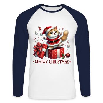 Miaou Noël mignon chat motif de Noël - T-shirt baseball manches longues Homme - blanc/marine - Devant - Nik (191cm)