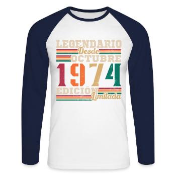 Legendary since 1974 October - Unisex Long Sleeve Baseball T-Shirt - white/navy - Front - Nik (191cm)