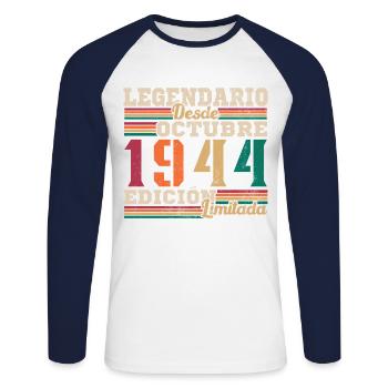 legendary since 1944 October - Unisex Long Sleeve Baseball T-Shirt - white/navy - Front - Nik (191cm)
