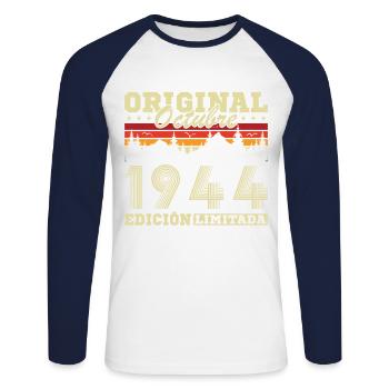 October 1944 Vinatge 1944 Birthday Gift - Unisex Long Sleeve Baseball T-Shirt - white/navy - Front - Nik (191cm)