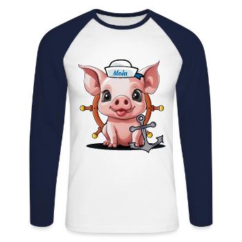 Schwein Glücksgsbringer Matrose Steuermann Moin - Unisex Baseballshirt langarm - Weiß/Navy - Vorne - Nik (191cm)