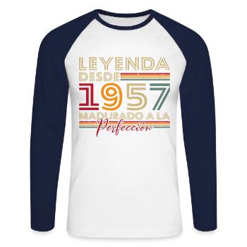 Legende seit 1957 Geburtstagsgeschenk - Unisex Baseballshirt langarm - Weiß/Navy - Vorne - Nik (191cm)