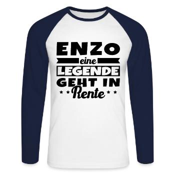 Enzo, eine Legende, geht in den Ruhestand - Unisex Baseballshirt langarm - Weiß/Navy - Vorne - Nik (191cm)