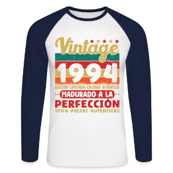 Vinatge 1994 Cadeau d’anniversaire - T-shirt baseball manches longues Homme - blanc/marine - Devant - Nik (191cm)