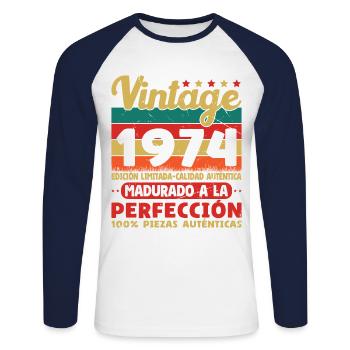 Vinatge 1974 Cadeau d’anniversaire - T-shirt baseball manches longues Homme - blanc/marine - Devant - Nik (191cm)