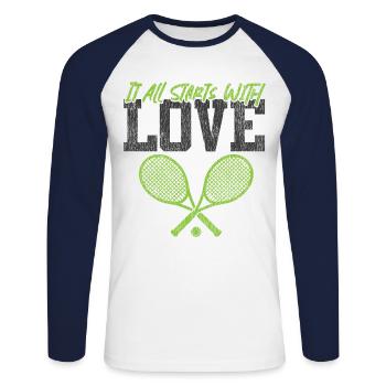 Drôle de joueur de tennis raquette jeu de mots - T-shirt baseball manches longues Homme - blanc/marine - Devant - Nik (191cm)