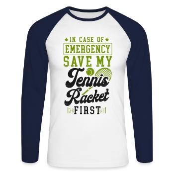 Funny Tennis Player Racket In Case - Unisex Long Sleeve Baseball T-Shirt - white/navy - Front - Nik (191cm)