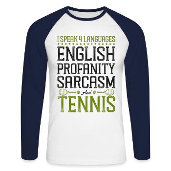 Drôle de joueur de tennis raquette je parle - T-shirt baseball manches longues Homme - blanc/marine - Devant - Nik (191cm)