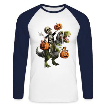 Squelette chevauchant un dinosaure avec des citrouilles - T-shirt baseball manches longues Homme - blanc/marine - Devant - Nik (191cm)