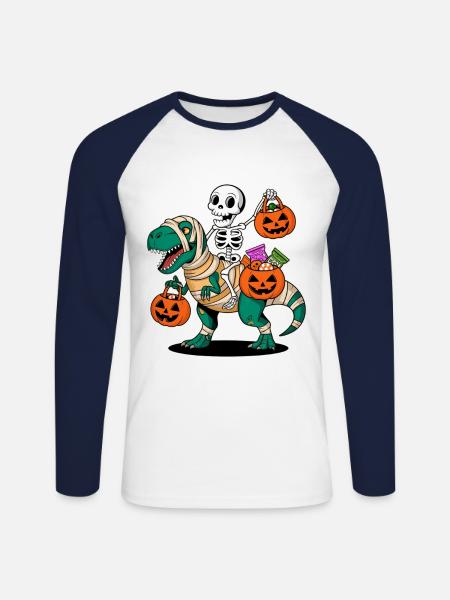 Skelett Und T-Rex Mit Kürbissen Zu Halloween - Unisex Baseballshirt langarm - Weiß/Navy