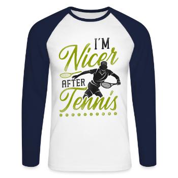 drôle de raquette de joueur de tennis je suis - T-shirt baseball manches longues Homme - blanc/marine - Devant - Nik (191cm)