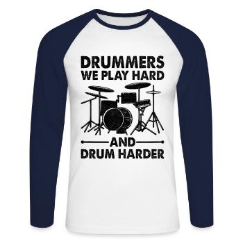 Drummer Wir spielen hart und trommeln härter Drum Drummin - Unisex Baseballshirt langarm - Weiß/Navy - Vorne - Nik (191cm)
