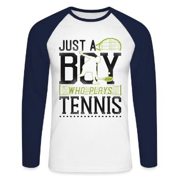 Funny Tennis Player Racket Boy - Unisex Baseballshirt langarm - Weiß/Navy - Vorne - Nik (191cm)