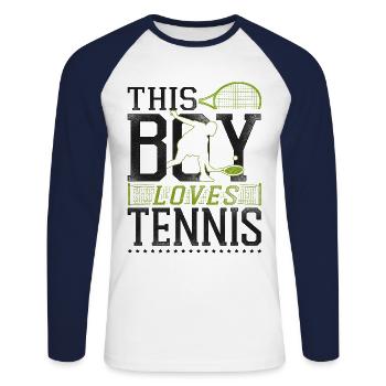 Funny Tennis Player Racket Boy - Unisex Baseballshirt langarm - Weiß/Navy - Vorne - Nik (191cm)