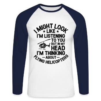 Toi Mais dans ma tête, je pense à Flying Helic - T-shirt baseball manches longues Homme - blanc/marine - Devant - Nik (191cm)