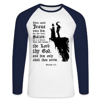 Jesus and Satan Matthew 4:10 Bible Verse Christian - Unisex Long Sleeve Baseball T-Shirt - white/navy - Front - Nik (191cm)