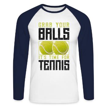 Drôle de joueur de tennis raquette jeu de mots - T-shirt baseball manches longues Homme - blanc/marine - Devant - Nik (191cm)