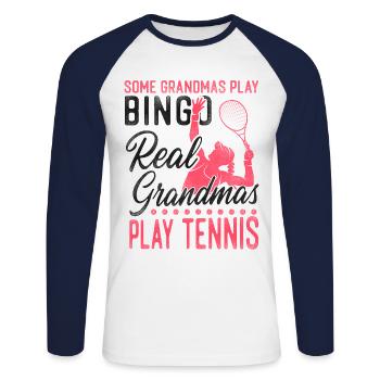 Drôle de joueur de tennis raquette grand-mère - T-shirt baseball manches longues Homme - blanc/marine - Devant - Nik (191cm)