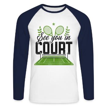 drôle joueur de tennis raquette jeu de mots voir - T-shirt baseball manches longues Homme - blanc/marine - Devant - Nik (191cm)