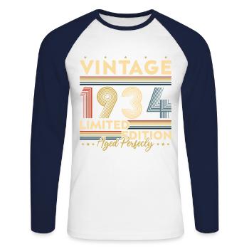 Cadeau d'anniversaire Vinatge 1934 - T-shirt baseball manches longues Homme - blanc/marine - Devant - Nik (191cm)