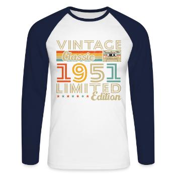 Cadeau d'anniversaire Vinatge 1951 - T-shirt baseball manches longues Homme - blanc/marine - Devant - Nik (191cm)