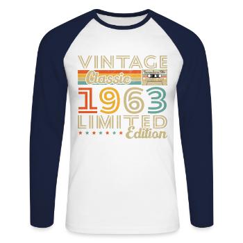 Vinatge 1963 Cadeau d'anniversaire - T-shirt baseball manches longues Homme - blanc/marine - Devant - Nik (191cm)