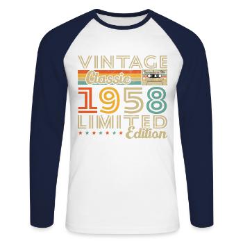 Cadeau d'anniversaire Vinatge 1958 - T-shirt baseball manches longues Homme - blanc/marine - Devant - Nik (191cm)